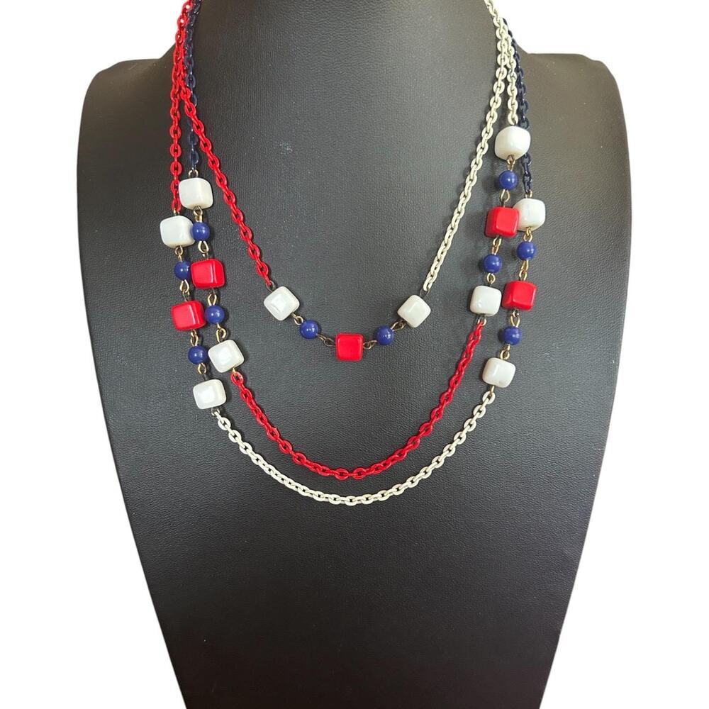 1970s Patriotic Red White Blue Long Necklace 50” Americana Statement Jewelry